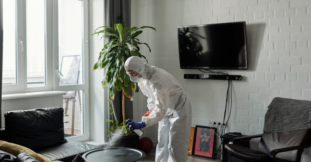 Worker in PPE disinfecting a living room, ensuring safety from viruses.